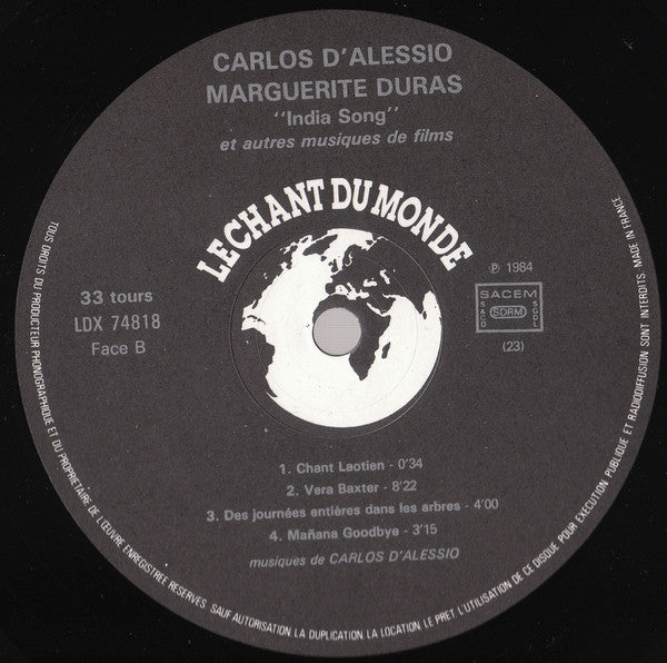 Carlos D'Alessio / Marguerite Duras -India Song Et Autres Musiques De Films