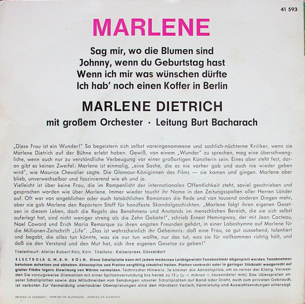 Marlene Dietrich / Orchester Burt Bacharach* -Marlene