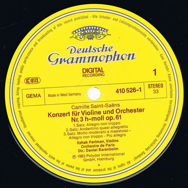 Itzhak Perlman - Saint-Saëns*, Wieniawski* - Orchestre De Paris Conducted By Daniel Barenboim - Violin Concerto No.3 / Violin Concerto No.2