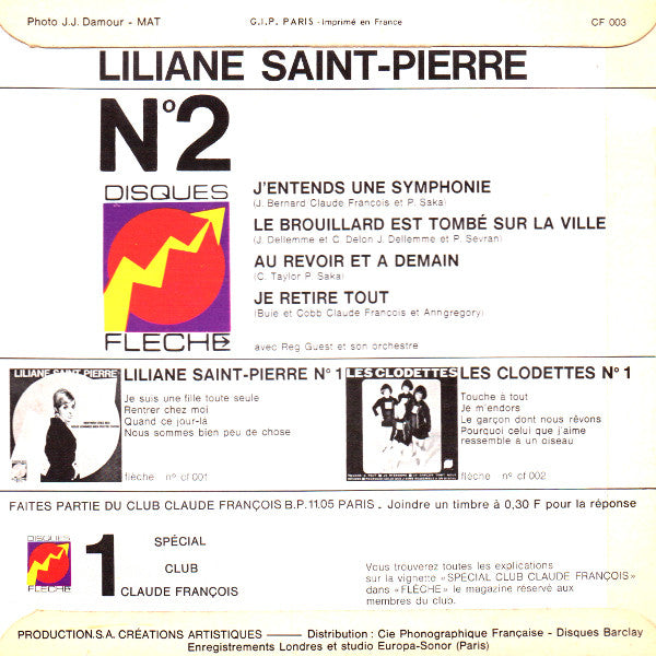 Liliane Saint Pierre* -N° 2 - J'entends Une Symphonie / Le Brouillard Est Tombé Sur La Ville / Au Revoir Et A Demain / Je Retire Tout