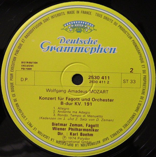 Wolfgang-Amadeus Mozart* - Alfred Prinz, Dietmar Zeman, Orchestre Philharmonique De Vienne*, Karl Bœhm* - Concerto Pour Clarinette En La Majeur, K. 622 / Concerto Pour Basson En Si Bémol Majeur, K. 191