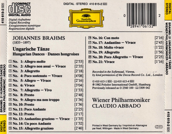 Johannes Brahms - Wiener Philharmoniker, Claudio Abbado - 21 Ungarische Tänze - Hungarian Dances - Danses Hongroises