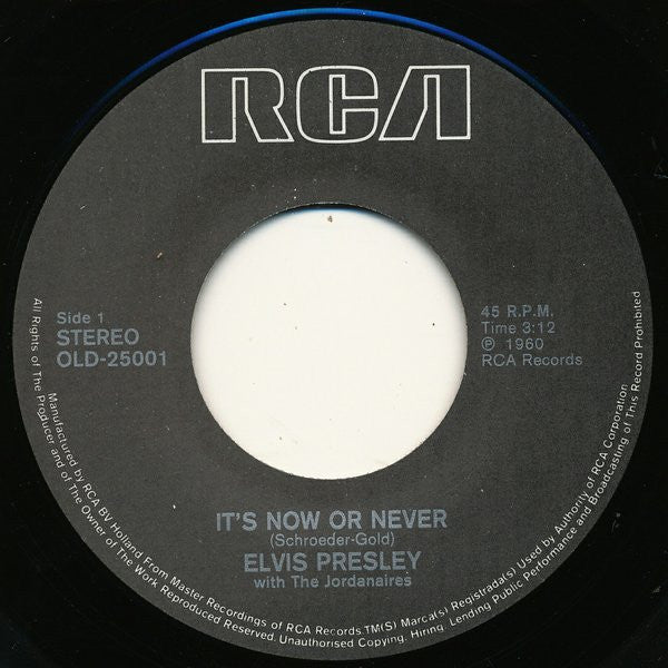 Elvis Presley With The Jordanaires -It's Now Or Never / Are You Lonesome Tonight?