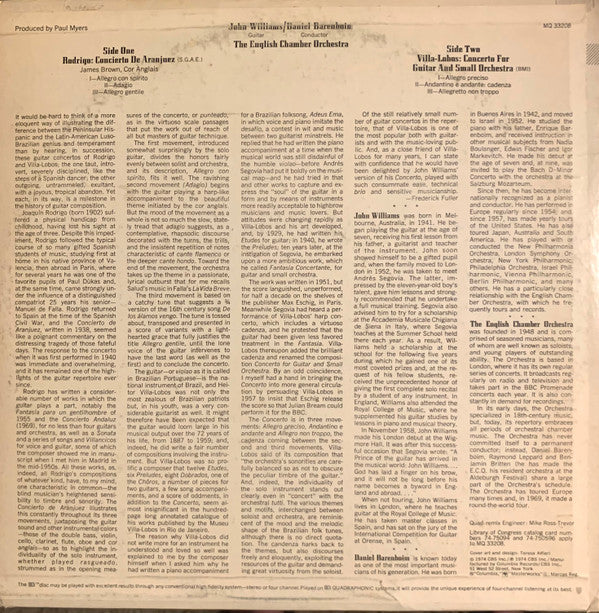 Rodrigo* / Villa-Lobos* - John Williams (7), Daniel Barenboim, English Chamber Orchestra - Concierto De Aranjuez / Concerto For Guitar And Small Orchestra
