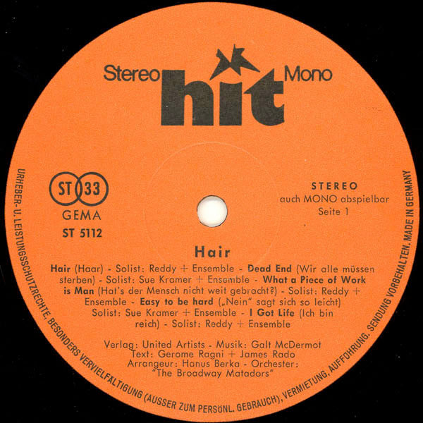 Reddy (2), Sue Kramer*, The Broadway Matadors* -Hair