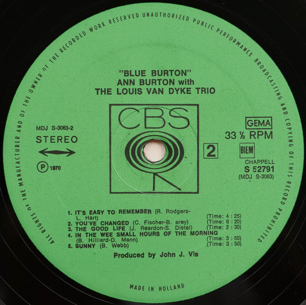 Ann Burton With The Louis Van Dyke Trio* - Blue Burton