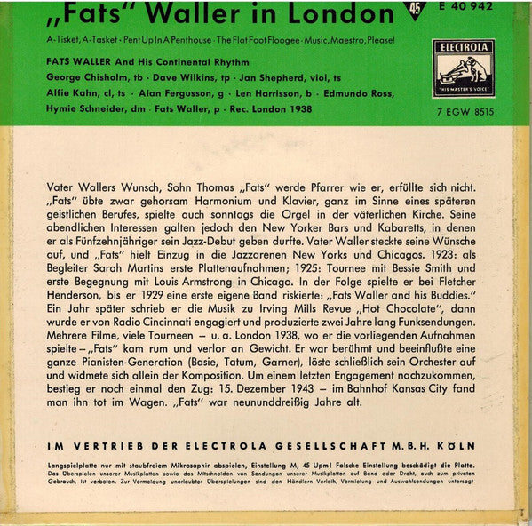 Fats Waller And His Continental Rhythm* -"Fats" Waller In London