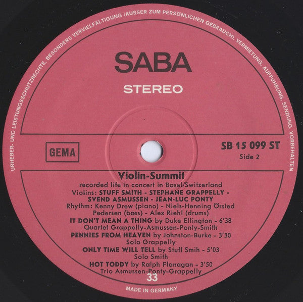 Stuff Smith / Stephane Grappelly* / Svend Asmussen / Jean-Luc Ponty - Violin-Summit