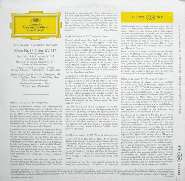 Wolfgang Amadeus Mozart – Maria Stader ‧ Oralia Dominguez ‧ Ernst Haefliger ‧ Michel Roux ‧ Chor Elizabeth Brasseur* ‧ Orchester Lamoureux, Paris* ‧ Igor Markevitch -Messe C-dur KV 317 (Krönungsmesse)