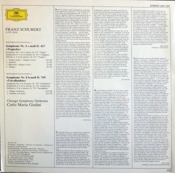 Schubert* - Chicago Symphony Orchestra • Carlo Maria Giulini - Symphonien No.8 »Unvollendete« • »Unfinished«, No.4 »Tragische« • »Tragic«