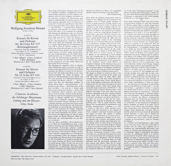 Mozart*, Camerata Academica Des Salzburger Mozarteums*, Géza Anda -»Krönungskonzert« KV 537 Und Klavierkonzert A-Dur KV 414
