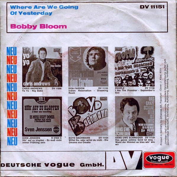 Bobby Bloom -Where Are We Going / Of Yesterday