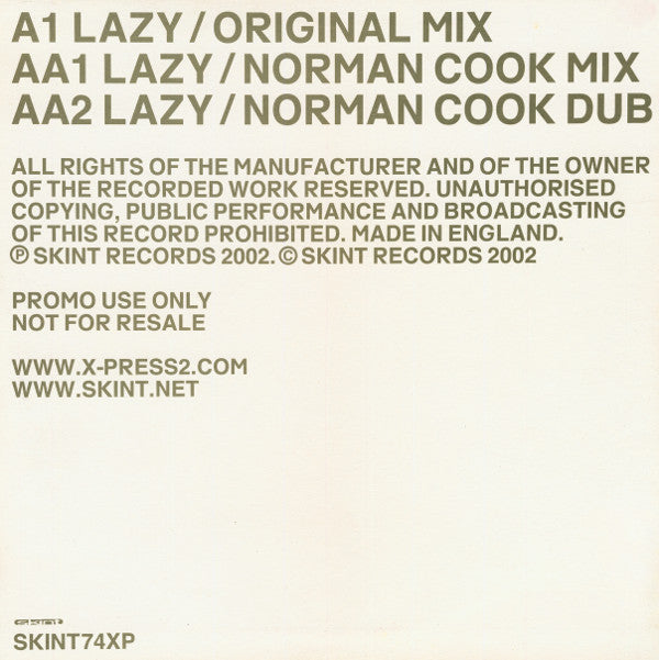 X-Press 2 Featuring David Byrne -Lazy (Original And Norman Cook Remixes)