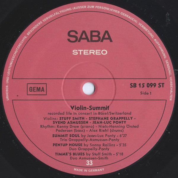 Stuff Smith / Stephane Grappelly* / Svend Asmussen / Jean-Luc Ponty - Violin-Summit
