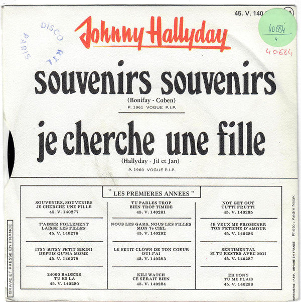 Johnny Hallyday -Souvenirs Souvenirs / Je Cherche Une Fille