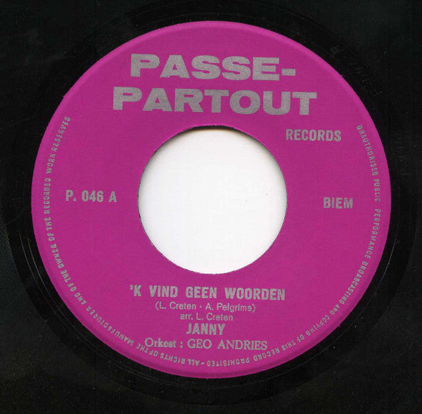Janny (3) Orkest: Geo Andries -'k Vind Geen Woorden / Alles Is Voorbij