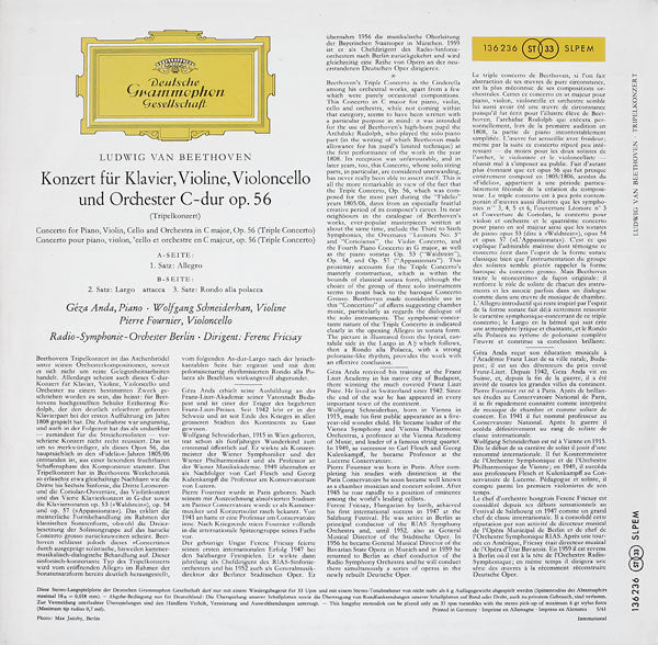 Ludwig van Beethoven, Géza Anda ‧ Wolfgang Schneiderhan ‧ Pierre Fournier, Radio-Symphonie-Orchester Berlin ‧ Ferenc Fricsay - Tripelkonzert = Triple Concerto