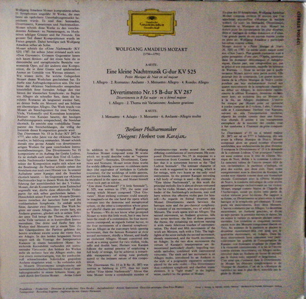 Mozart*, Berliner Philharmoniker · Herbert von Karajan -Eine Kleine Nachtmusik, Divertimento KV 287