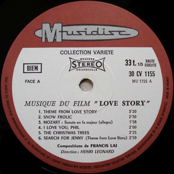 Henry Léonard , Composed By Francis Lai -Love Story - Music Of The Movie