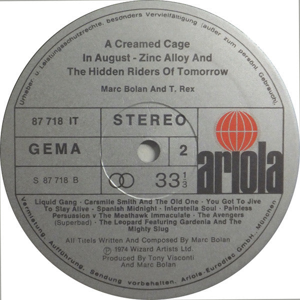 Marc Bolan & T•Rex* -Zinc Alloy And The Hidden Riders Of Tomorrow - A Creamed Cage In August