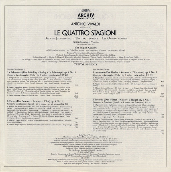 Antonio Vivaldi, The English Concert, Simon Standage ∙ Trevor Pinnock -Le Quattro Stagioni